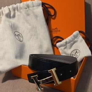 Hermes Noir Belt with Shiny Gold H Buckle